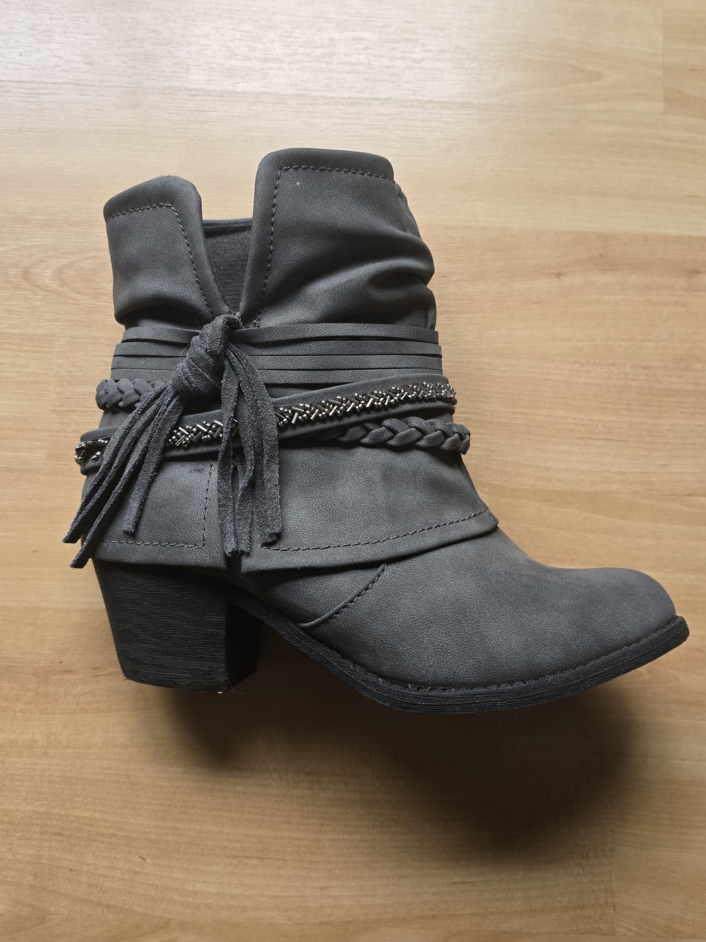 Maurices Slouchy Gray Suede-Look Ankle Boots with Braided Wrap Straps